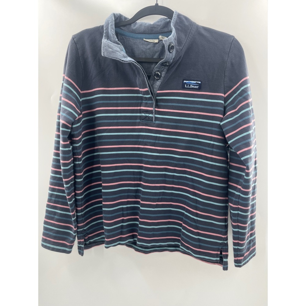 LL Bean Womens M Petite Striped Henley Pullover Long Sleeve Navy Pink Blue Top